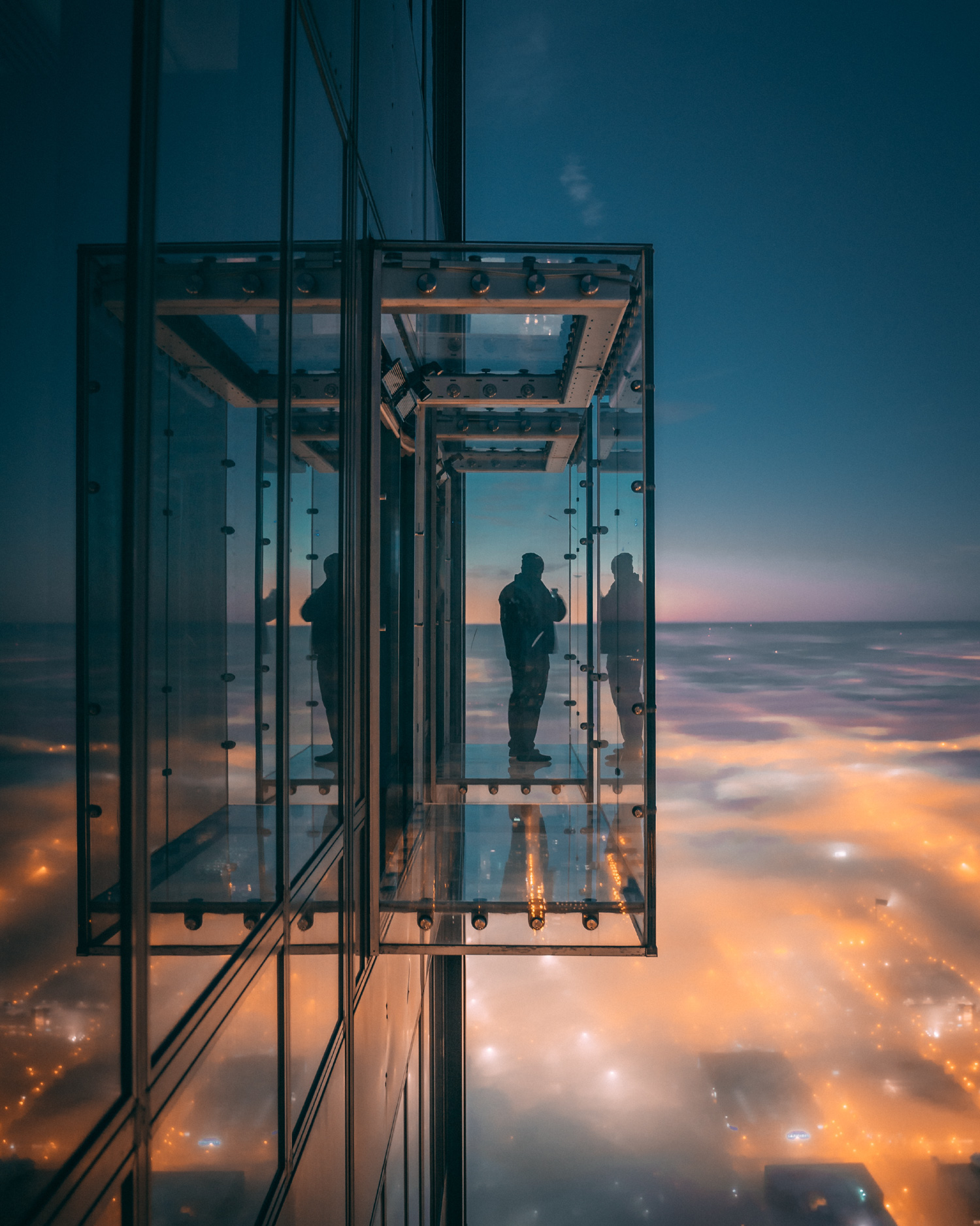 Energy efficient elevator shaft lit at dusk